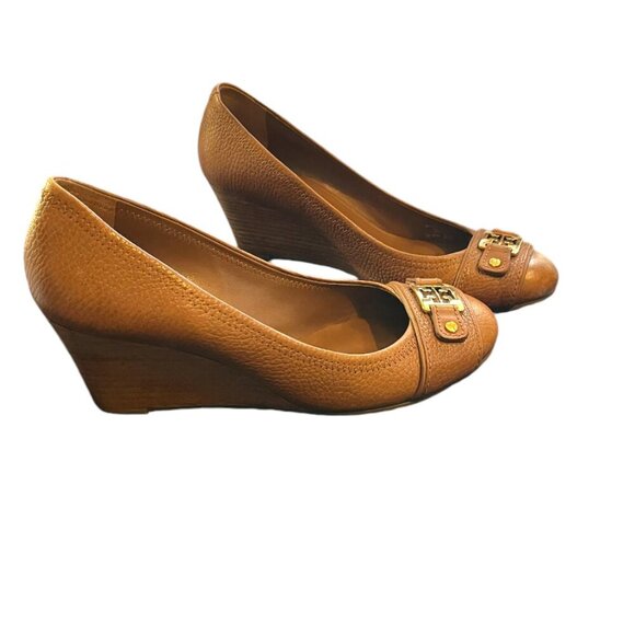 Tory Burch Natalya Pebbled Leather Saddle Brown Pumps Wedges - Picture 2 of 10